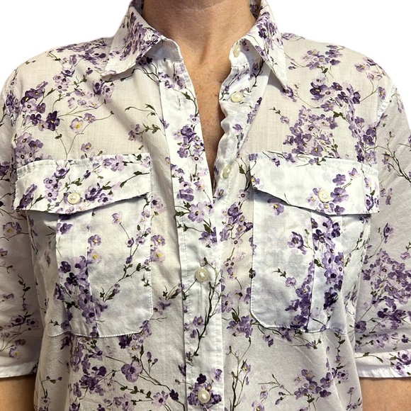 Lauren Ralph Lauren Sheer Button Down Tunic Blouse Floral Purple/White L - Picture 4 of 8